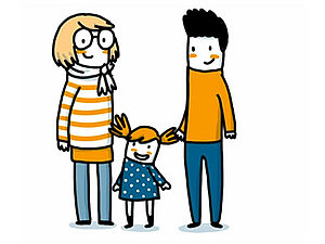 drei gezeichnete Menschen: Eine Frau, in der Mitte ein Kind und ein Mann.