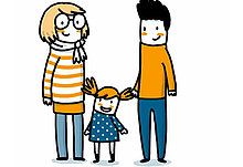 drei gezeichnete Menschen: Eine Frau, in der Mitte ein Kind und ein Mann.
